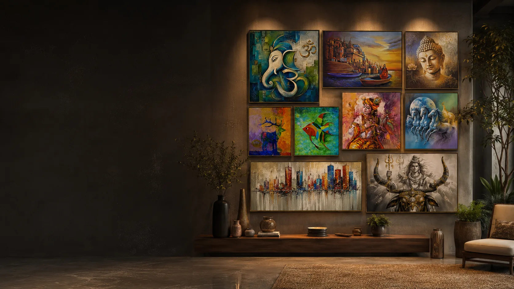 Gallery wall of handcrafted canvas paintings featuring Ganesha, Buddha, Shiva, and Radha Krishna in a modern living room