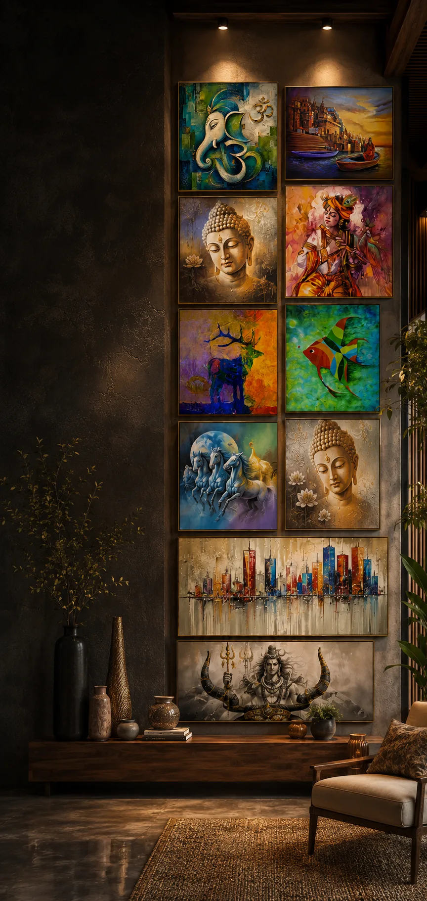 Gallery wall of handcrafted canvas paintings featuring Ganesha, Buddha, Shiva, and Radha Krishna in a modern living room