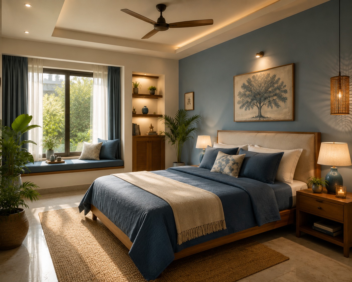 Bedroom styled with a calming wall painting