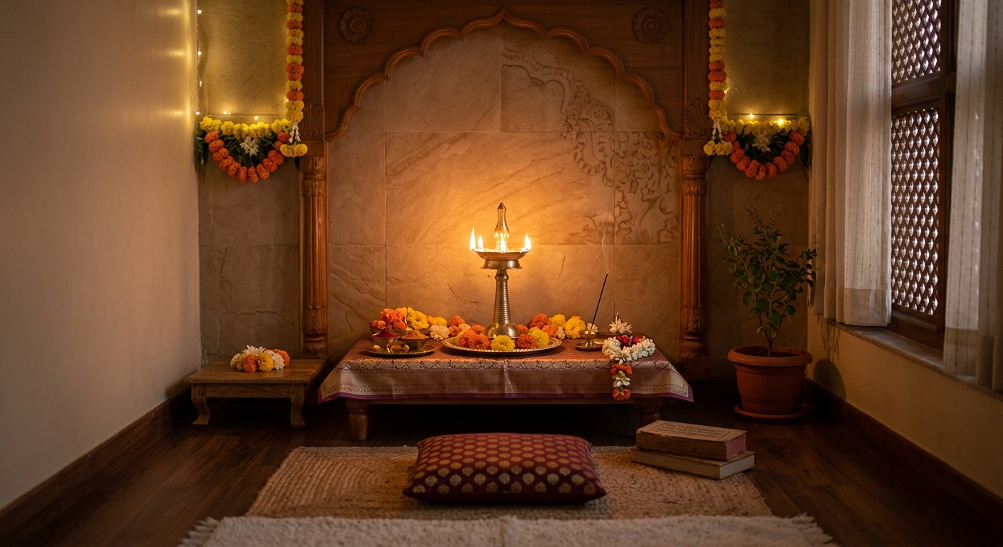 Pooja room altar with devotional wall art