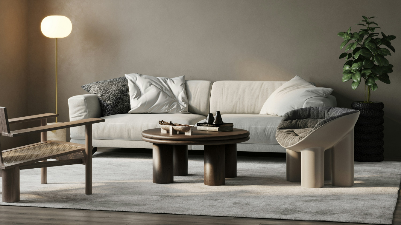 Modern minimalist living room with beige sofa and sculptural furniture