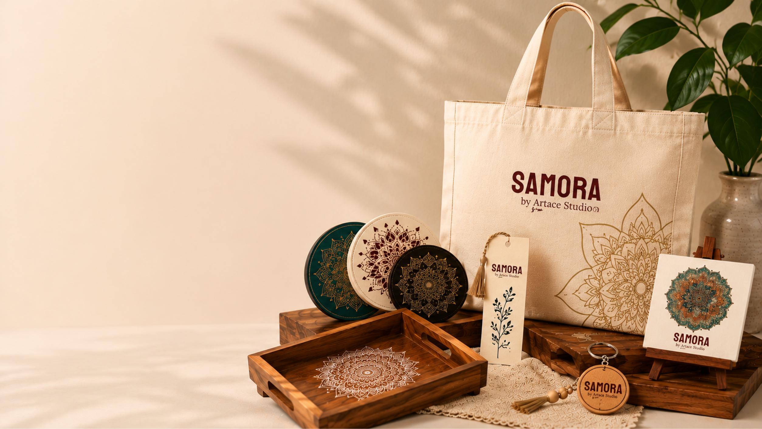 Handcrafted Samora tote bag, tea coasters, wooden tray, and accessories arranged together