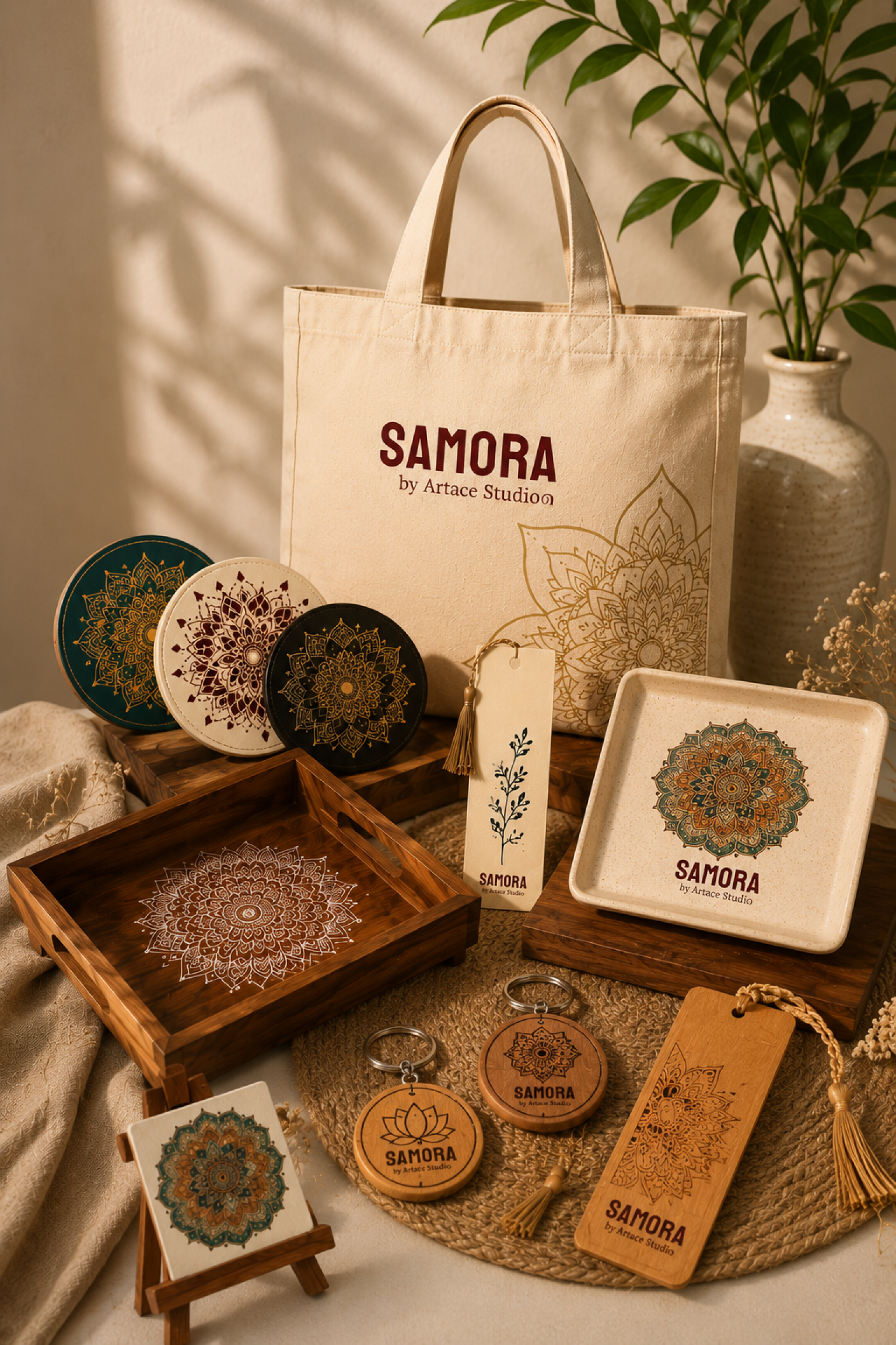 Samora handcrafted tote bag, coasters, tray, bookmark, and keychains displayed together