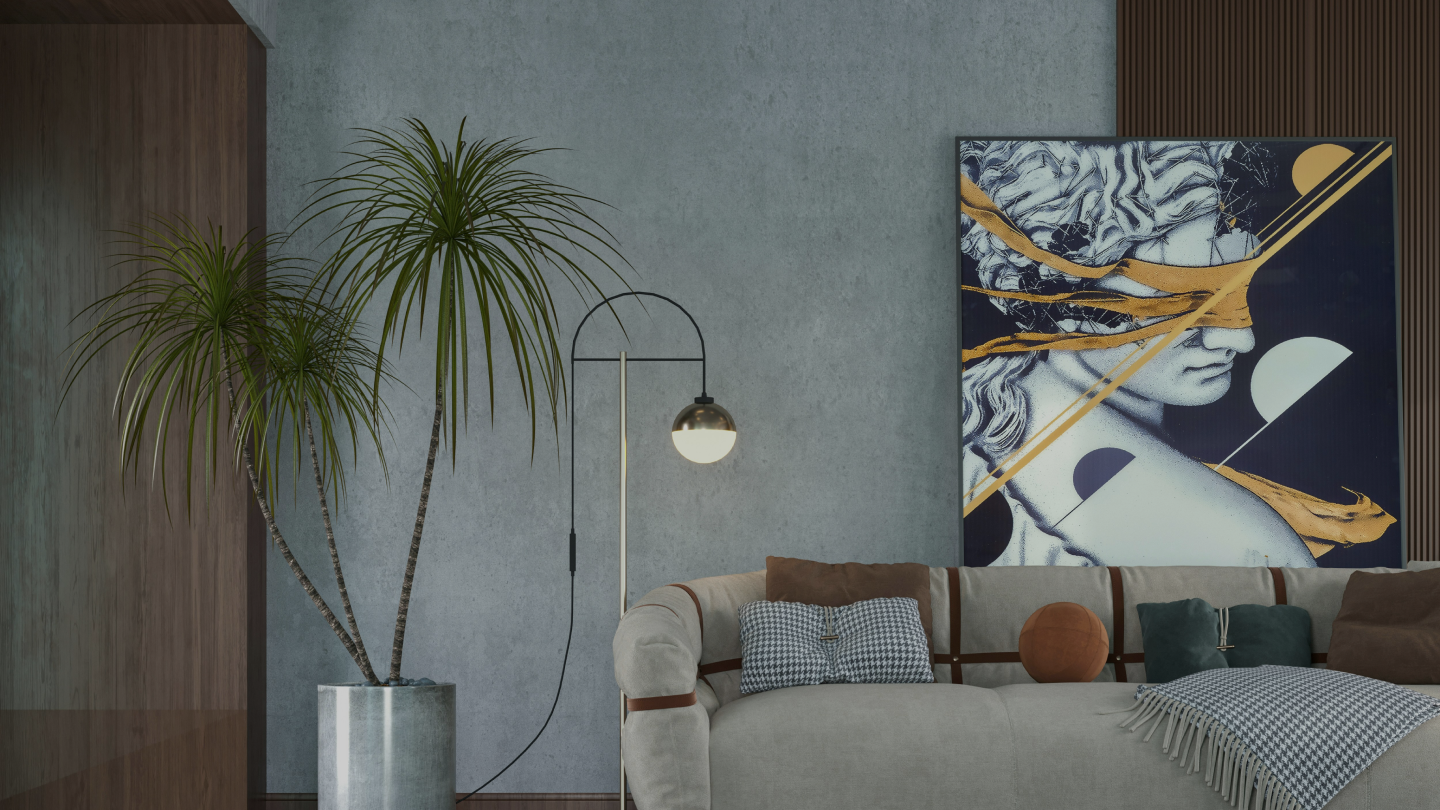 Modern interior with abstract art and blue textured wall