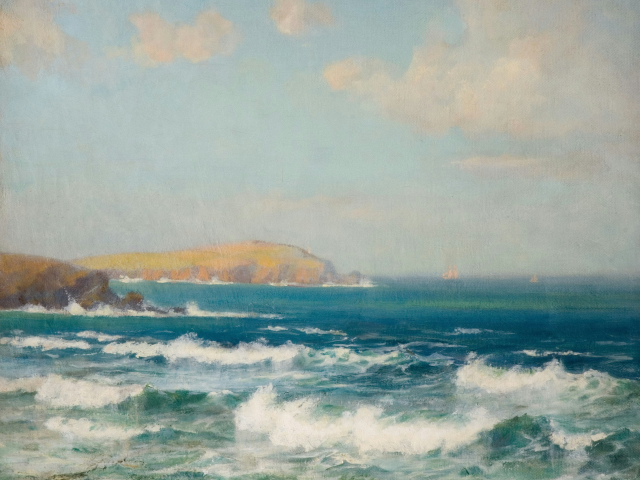 Oil painting of a blue seascape with crashing waves