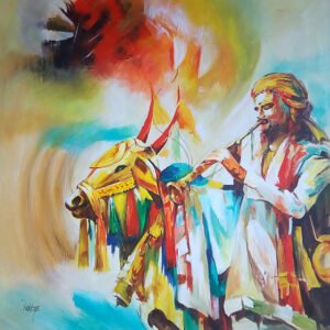 Image: Canvas painting showcasing Nandi with a sadhu