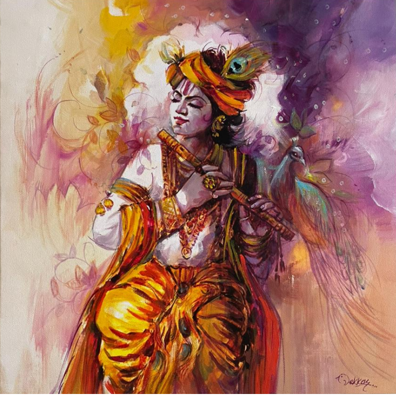 Shri Krishna canvas painting for living room India devotional wall art by Aratce Studio
