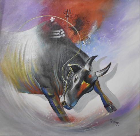 Adhikaranandin Canvas Painting - Nandi, Symbol of Shiva's Power & Serenity | Handmade Acrylic Wall Art