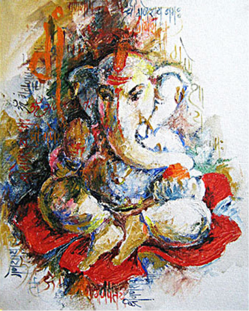 Ganesha Canvas Painting – Textured Acrylic Wall Art with Bold Paper-White Effects