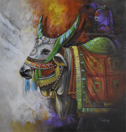 Nandideva Canvas Painting - The Sacred Joy-Bringer of Lord Shiva | Handmade Acrylic Wall Art