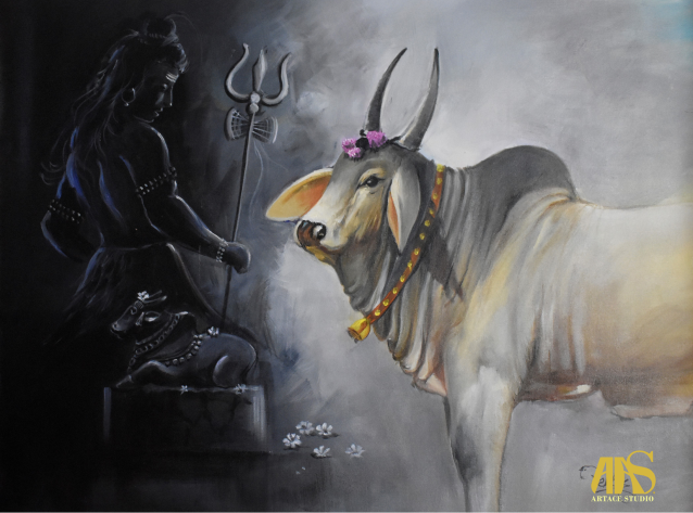 Nandikeshavara Canvas Painting - Sacred Nandi of Lord Shiva | Handmade Acrylic Wall Art