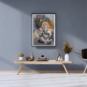 Classic Ganesha canvas painting in grey tones with Om calligraphy background in purple gold and saffron by artist