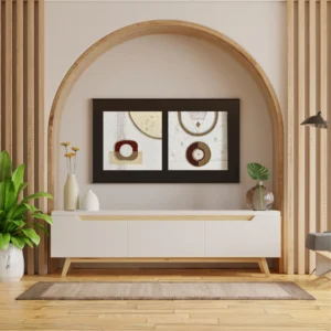 Gematric Abstract 2 — two-panel geometric abstract canvas painting with circular and diamond forms in ivory, red, and brown textured mixed-media