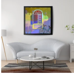 Abstract vintage window painting with bicycle silhouette and textured pastel acrylic artwork on canvas