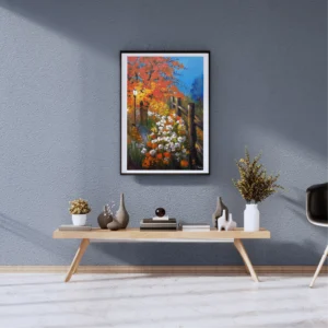Autumn Garden Path landscape canvas painting with orange red autumn trees white wildflowers wooden fence street lamp and cobalt blue sky