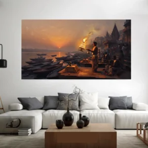 Handmade Varanasi Ghat Canvas Painting featuring the sacred Ganga Aarti ceremony at sunrise on the River Ganges