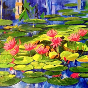 Handmade Water Lily Canvas Painting with Pink Flowers on Blue Pond
