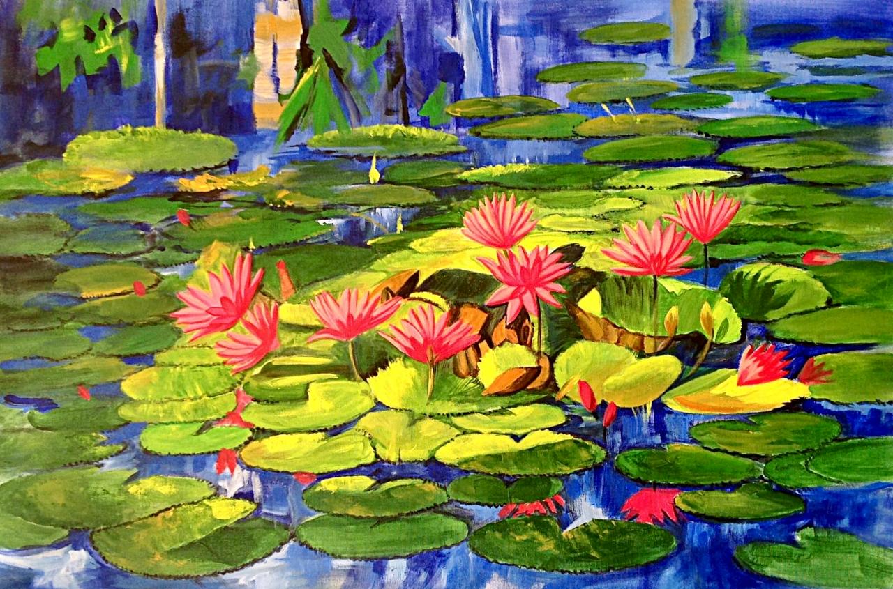 Handmade Water Lily Canvas Painting with Pink Flowers on Blue Pond