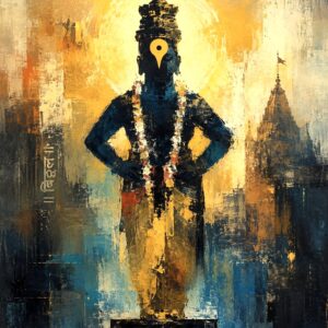 Handmade Lord Vitthal Canvas Painting featuring contemporary Vithoba artwork with a golden halo and temple background