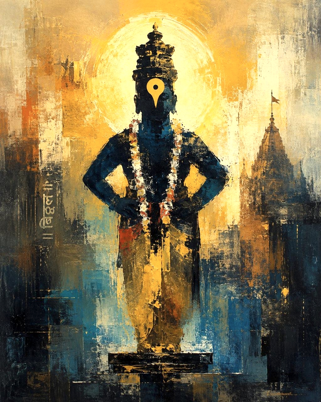 Handmade Lord Vitthal Canvas Painting featuring contemporary Vithoba artwork with a golden halo and temple background