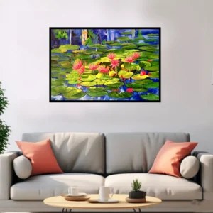 Handmade Water Lily Canvas Painting with Pink Flowers on Blue Pond