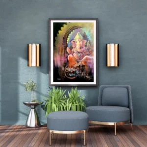 Handmade Lord Ganesha Canvas Painting with Sanskrit Calligraphy Modern Spiritual Wall Art