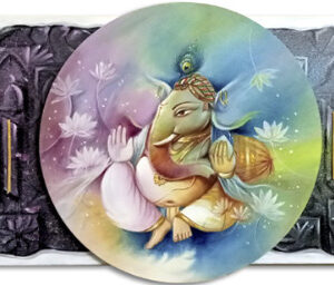 Modern Abstract Lord Ganesha Canvas Painting with Textured Black Background and Lotus Flowers Handmade Spiritual Wall Art