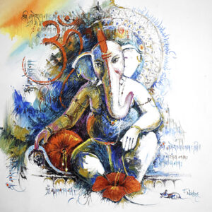 Handmade Abstract Lord Ganesha Canvas Painting with Om Symbol Modern Spiritual Wall Art