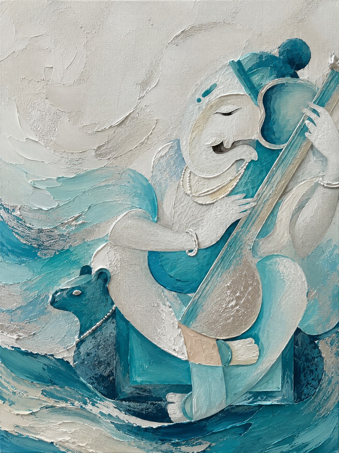 Musical Ganesha Canvas painting in teal and white with mouse companion