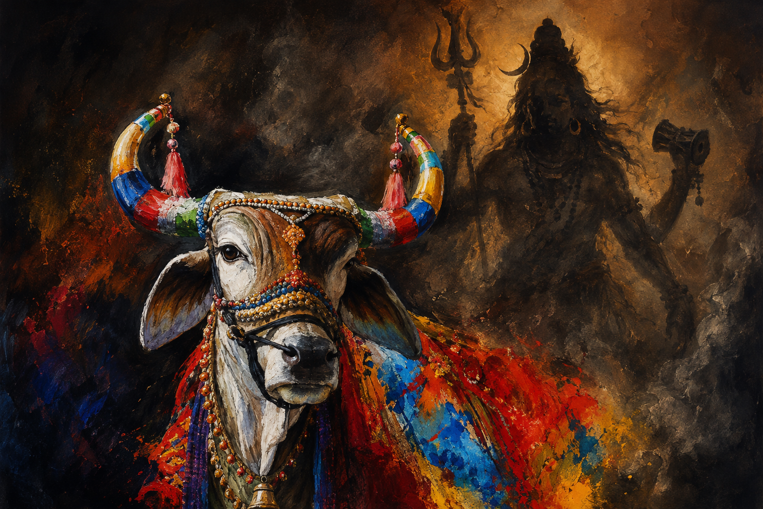 Nandi with Lord Shiva canvas painting featuring a decorated sacred bull with Lord Shiva in the background