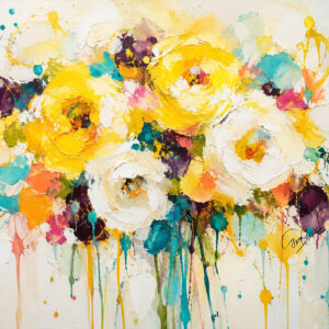 Colorful abstract floral canvas painting featuring yellow and white flowers with turquoise, orange, pink and purple accents