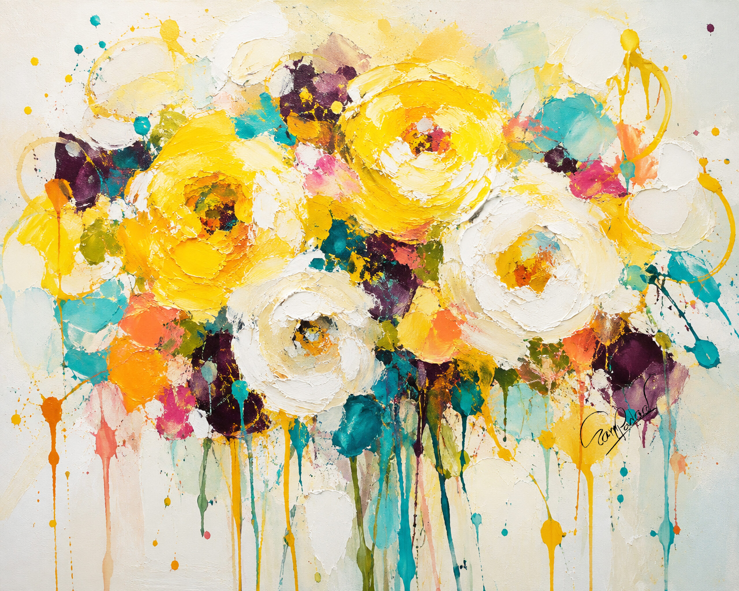 Colorful abstract floral canvas painting featuring yellow and white flowers with turquoise, orange, pink and purple accents