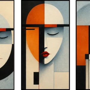 Abstract face canvas painting set of 3 — Fragments of Serenity in black, orange and red