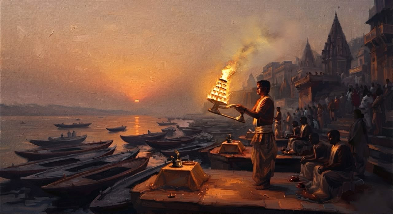 Divine Ganga Aarti at Sunrise | Handmade Varanasi Ghat Canvas Painting