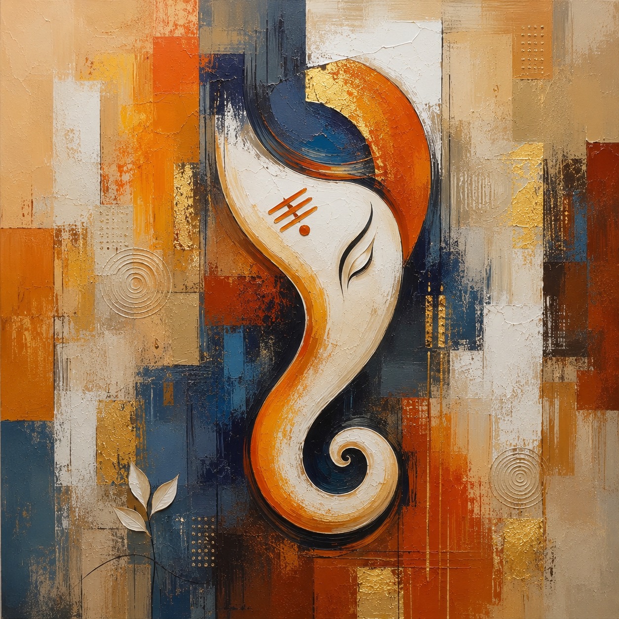 Minimalist Ganesha canvas painting in rust, ivory and gold with tilak mark