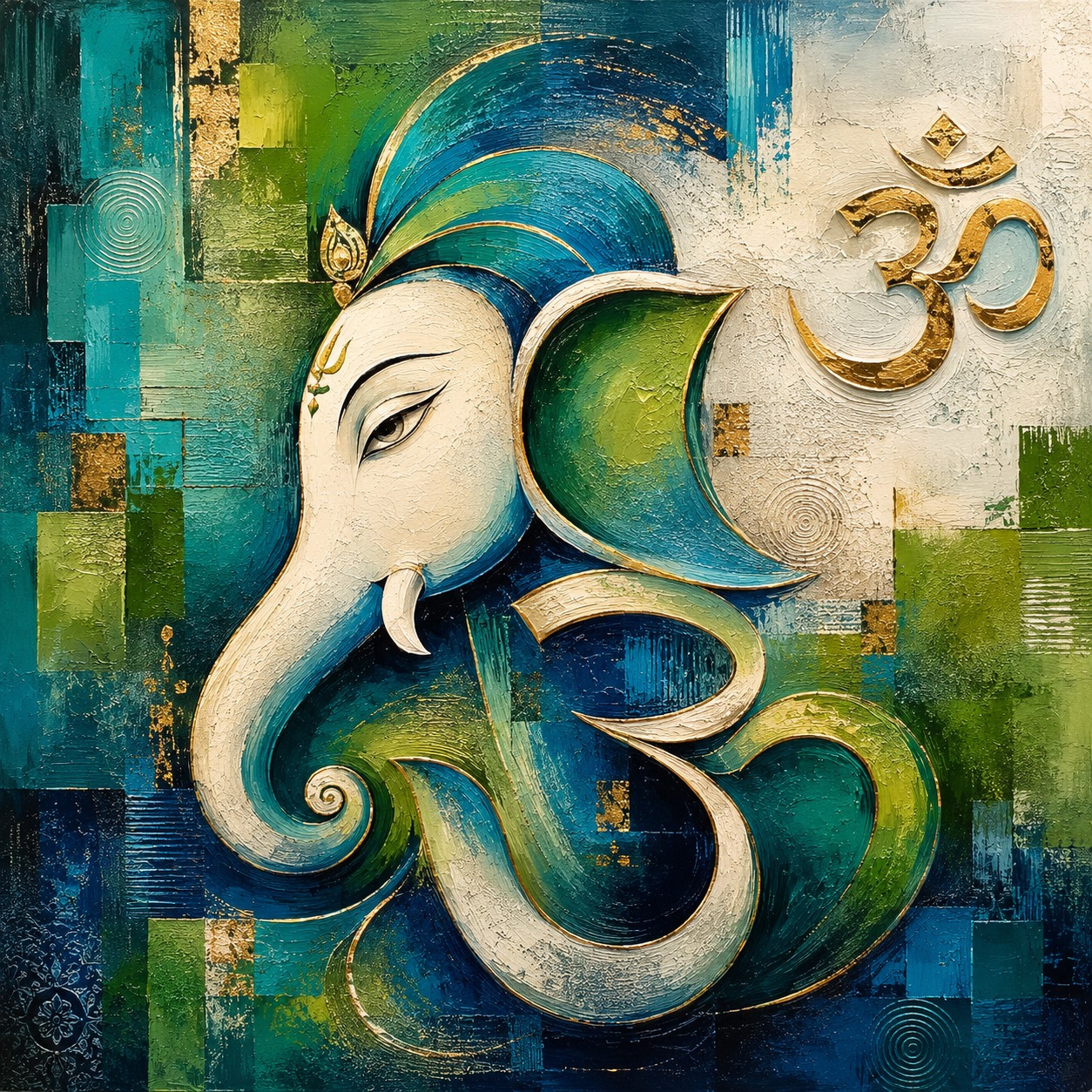 Textured Ganesha canvas painting with trunk forming Om symbol in teal and gold