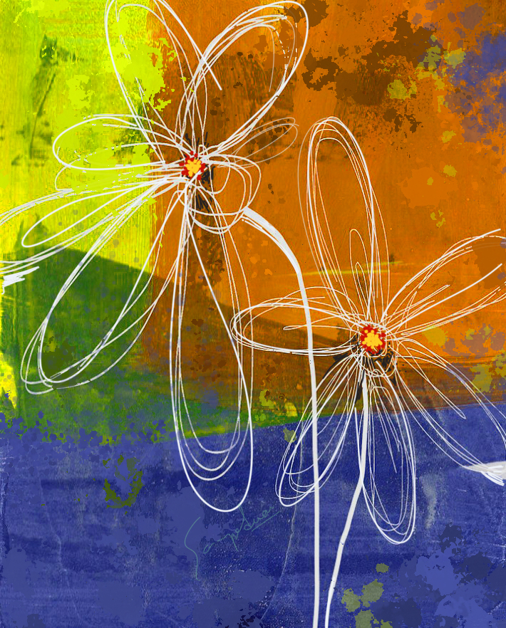 Blue Orange Abstract Flower Canvas Painting